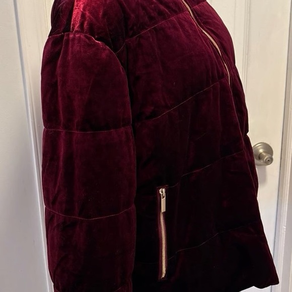 SAKS FIFTH AVENUE BLACK LABEL Burgundy Velvet Full Zip Puff Jacket Zip Pockets L - Picture 9 of 10